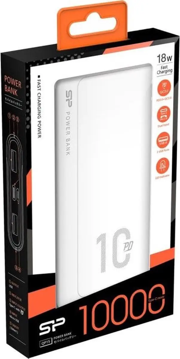 Silicon Power QP15 Power Bank 10000mAh - 3x Opladen - Wit - afbeelding 4 van 4