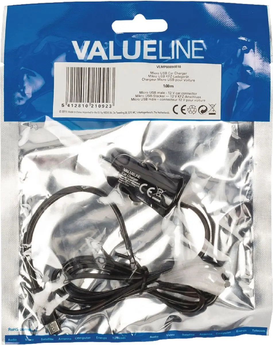 Valueline Micro USB Autolader 1m - 2,1A - Zwart - afbeelding 3 van 3