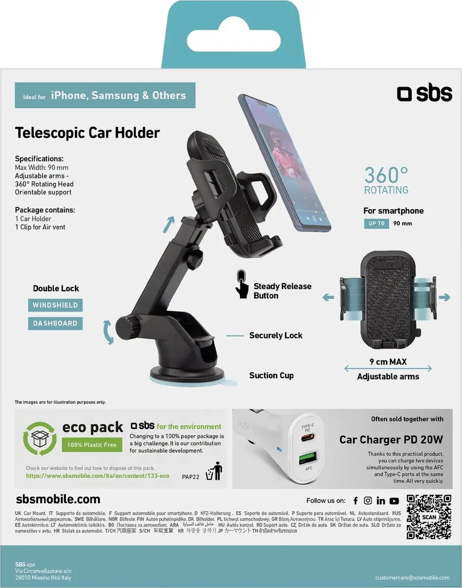 SBS Telescopic Zuignap Telefoonhouder Auto TEHWSUPWIND - Zwart