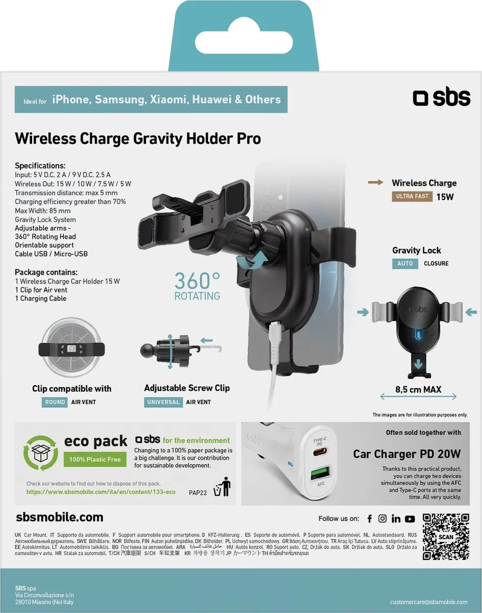 SBS Wireless Charge Gravity Pro Ventilatierooster Auto - Zwart