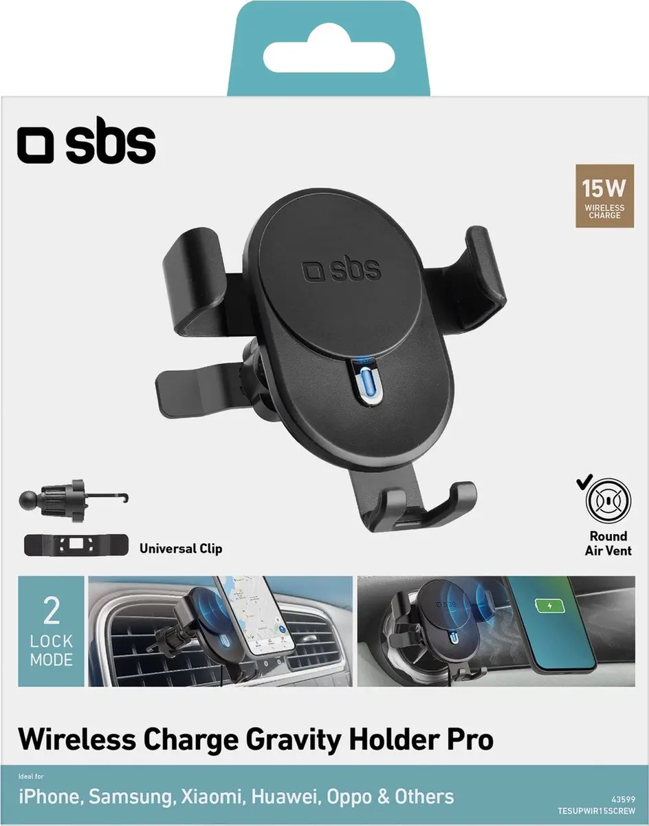 SBS Wireless Charge Gravity Pro Ventilatierooster Auto - Zwart