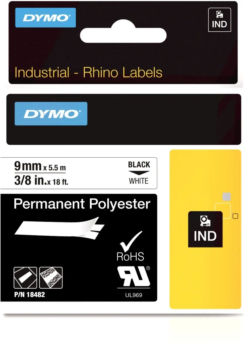 DYMO Rhino 18482 Zelfklevende Labels 9mm x 3,5m - Zwart/Wit