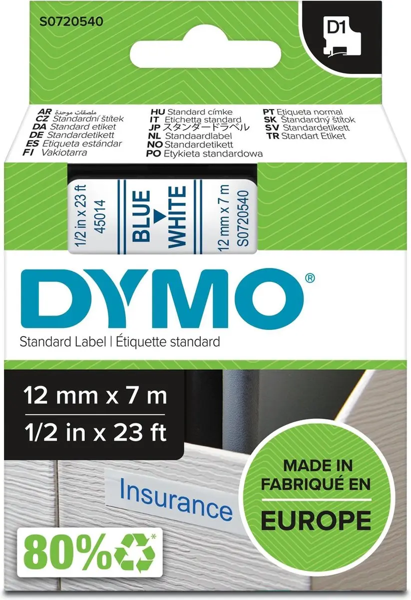 DYMO D1 S0720540 Blauwe Tekst op Wit Label 12mm x 7m