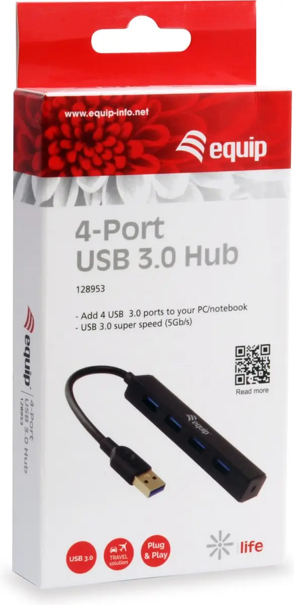 Equip 128953 USB-Hub 4 Poorten USB 3.0 - Zwart