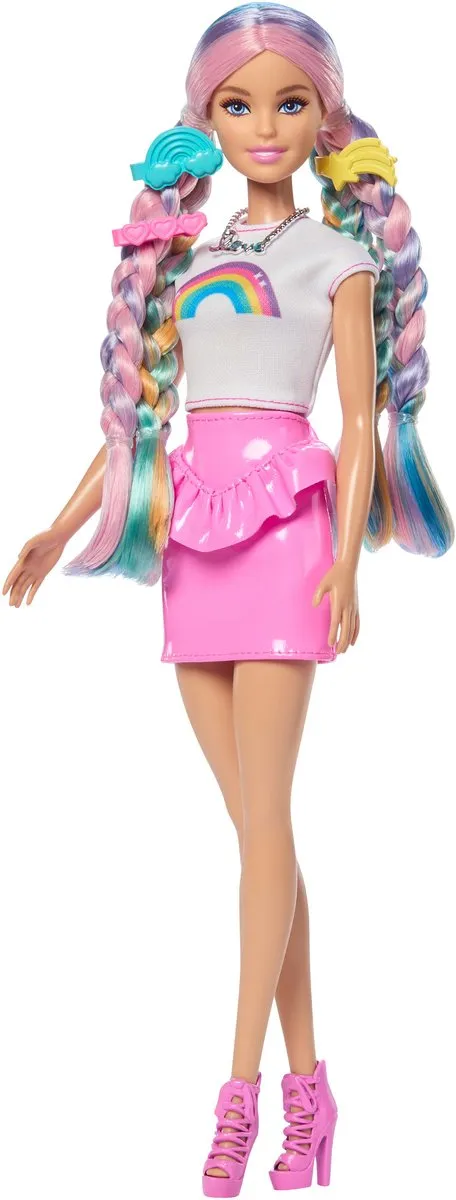 Barbie JJP07 Modepop - Regenbooghaar - 12 Stylingaccessoires - Multicolor