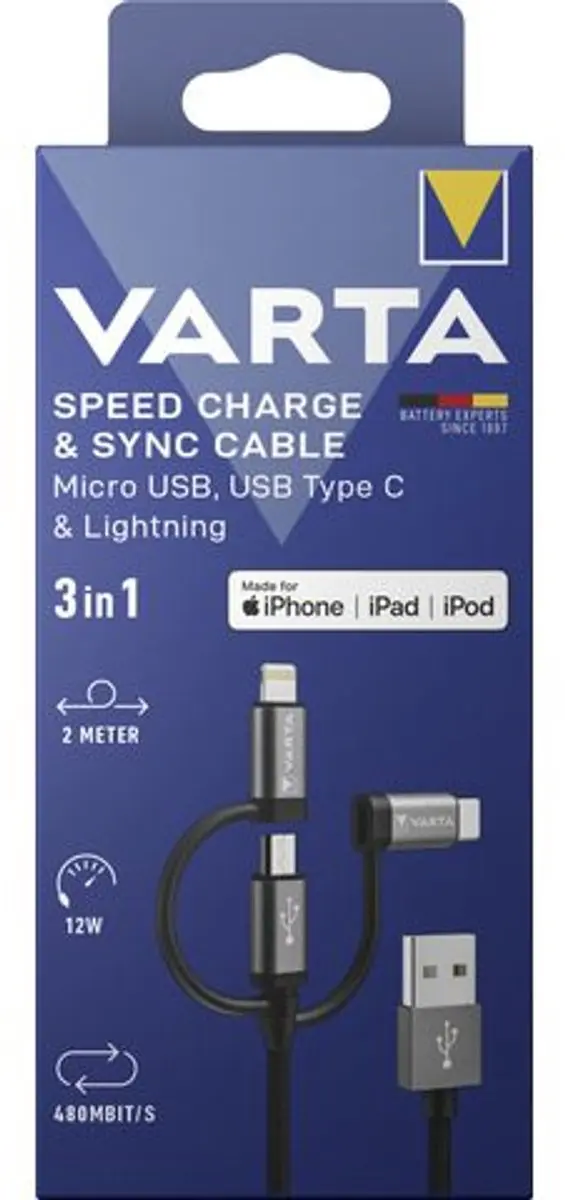 Varta USB-kabel 2.0m - USB-A/USB-micro-B/USB-C/Lightning