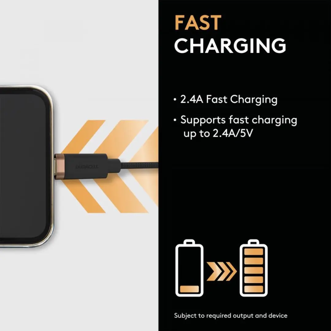 Duracell Toughened Kevlar USB-A naar Micro-USB Kabel 1m 2.4A - Zwart