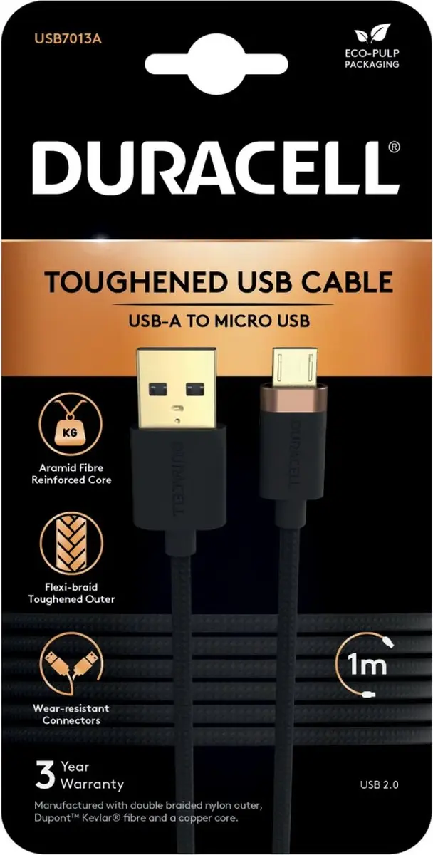 Duracell Toughened Kevlar USB-A naar Micro-USB Kabel 1m 2.4A - Zwart