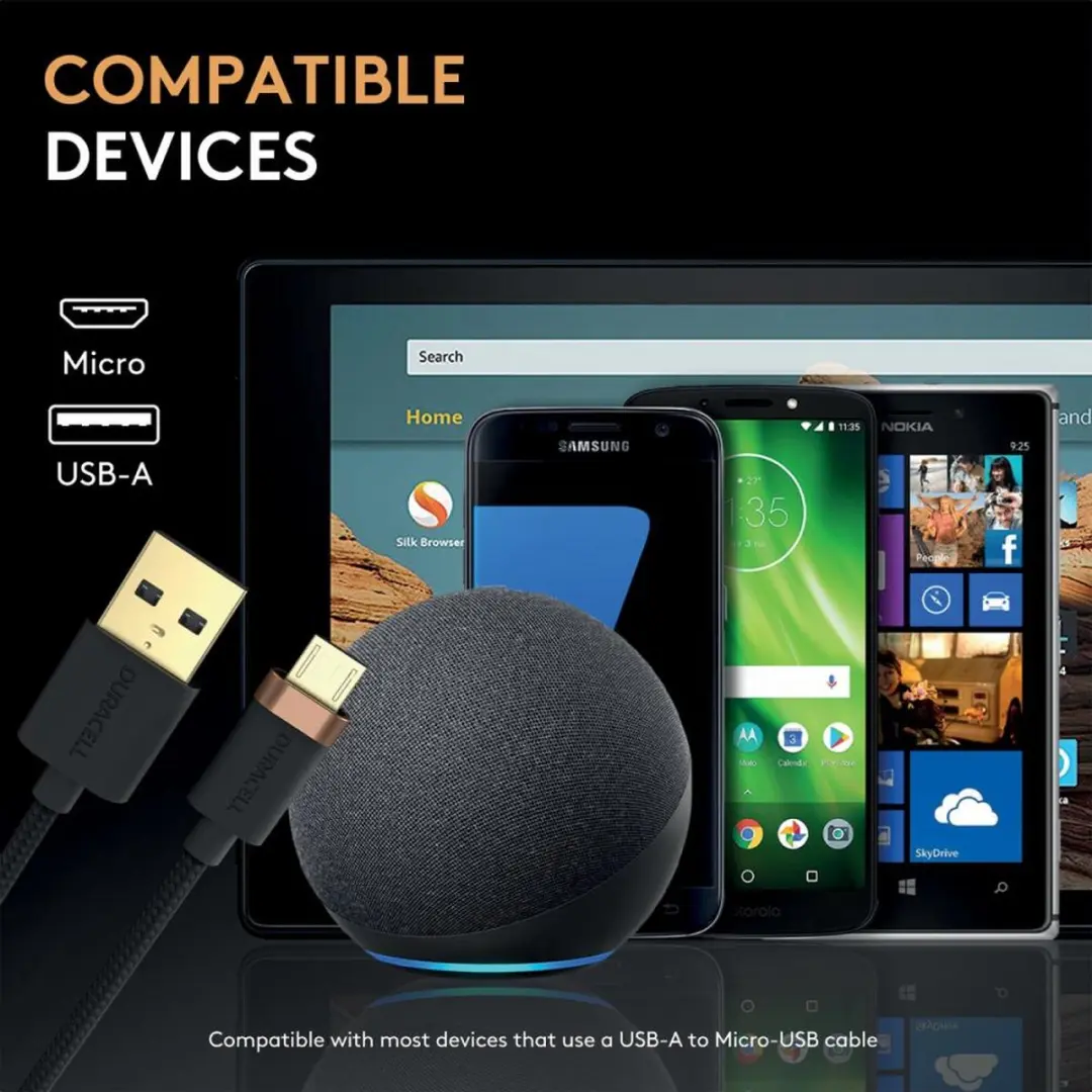 Duracell Toughened Kevlar USB-A naar Micro-USB Kabel 1m 2.4A - Zwart