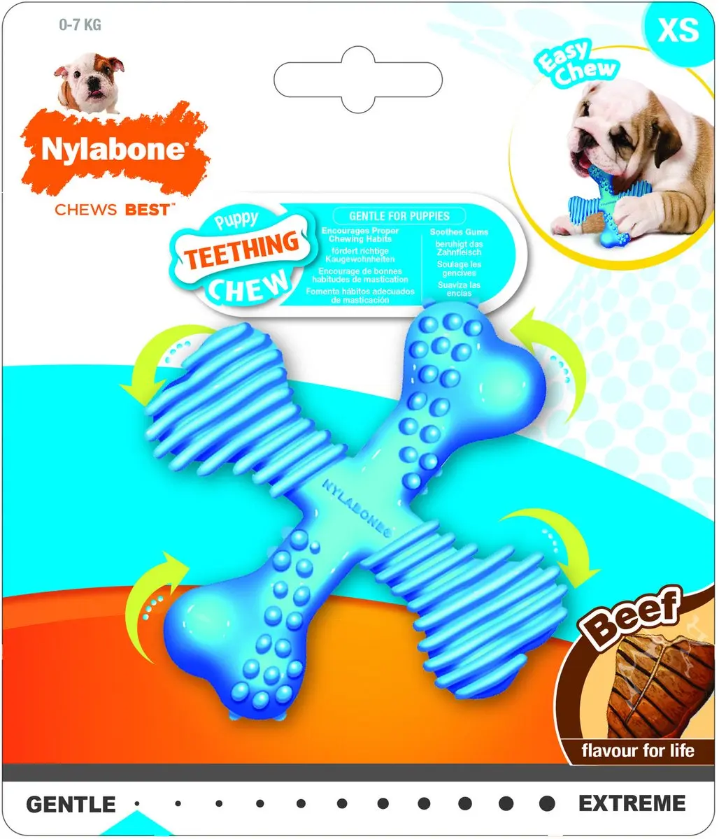 Nylabone Flexi Puppy Teething X Bone Aquablauw XS