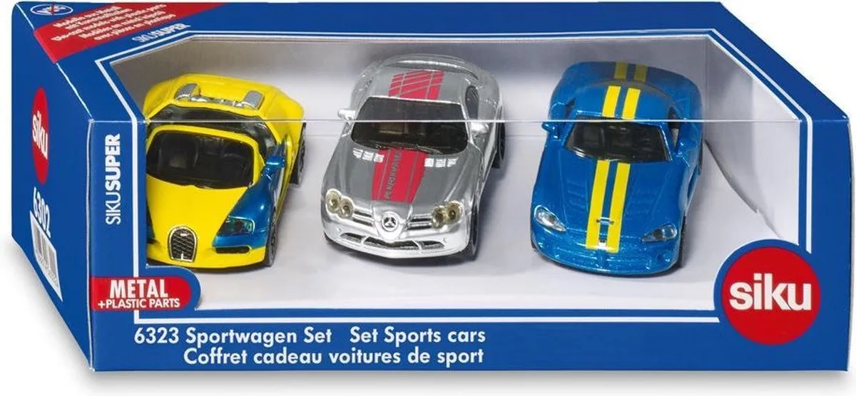 SIKU 3-delige Sportautoset 433618 - Geel/Blauw/Zilver/Rood/Zwart