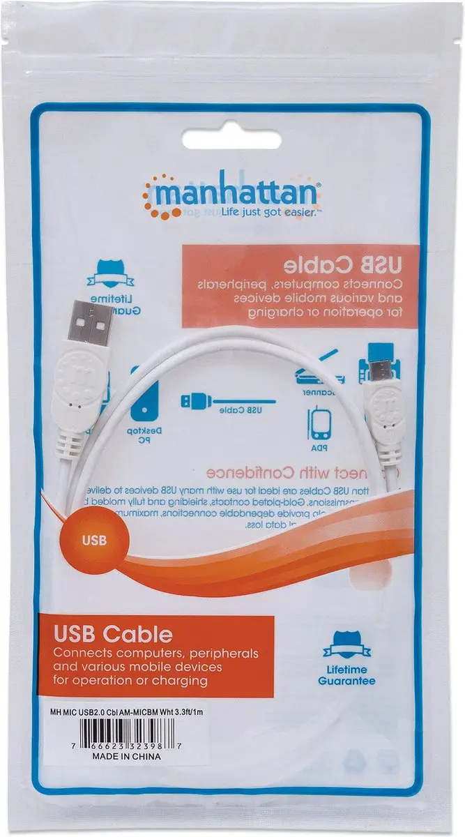Manhattan 323987 USB-kabel 1m USB-A naar Micro-USB - Wit