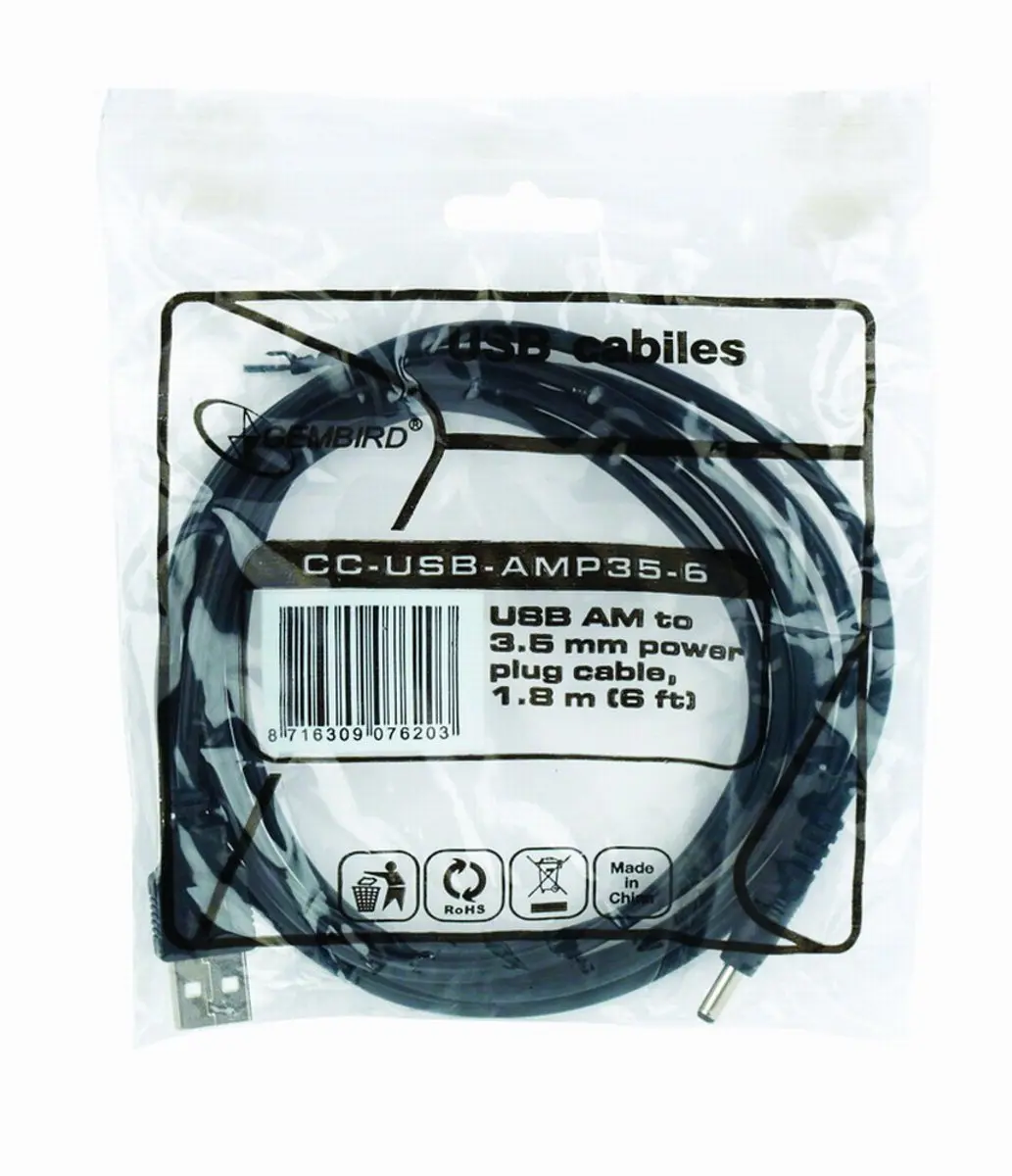 Gembird USB naar 3,5mm Voedingskabel 1,8m - Zwart - afbeelding 4 van 5