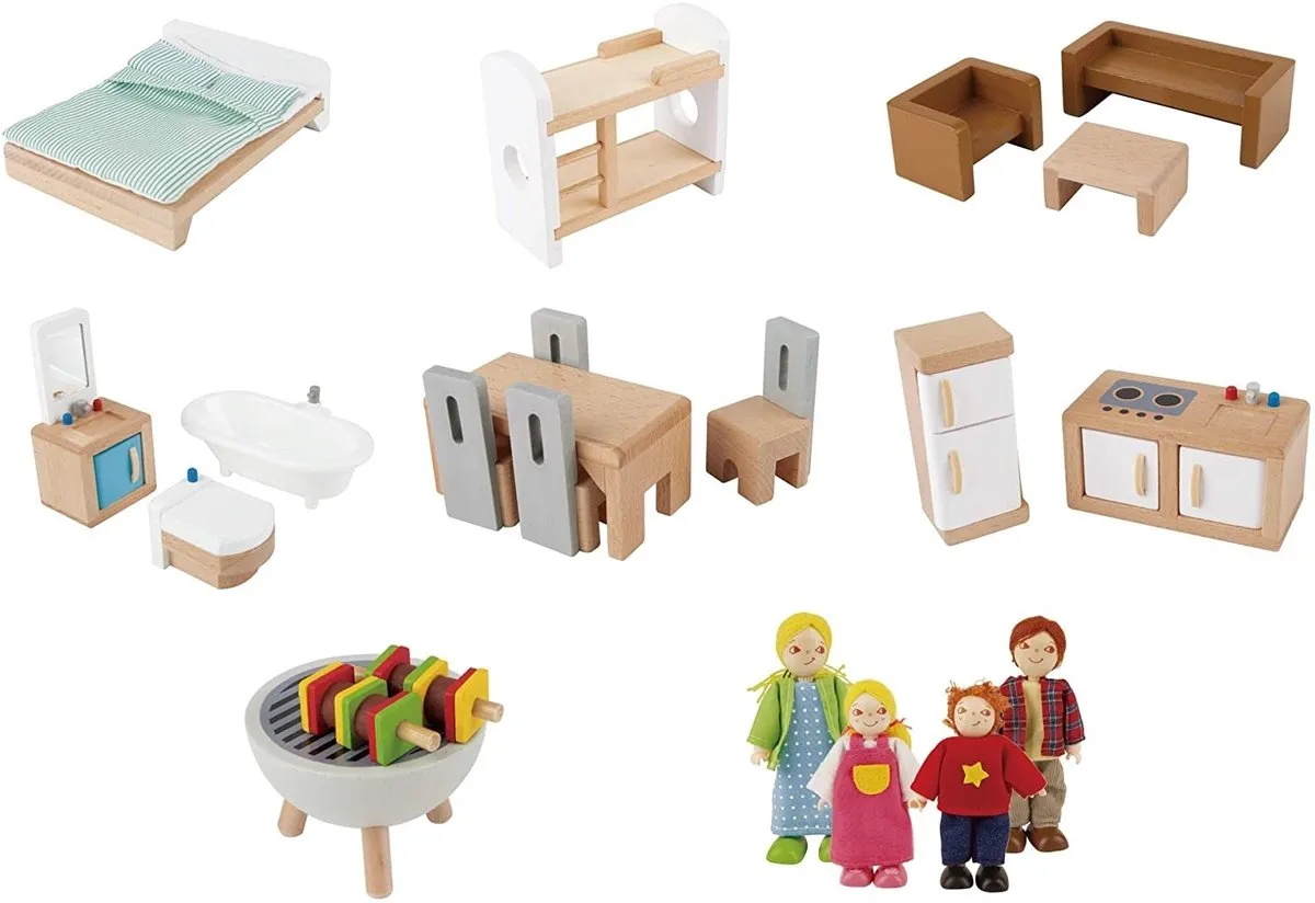 Hape Family Mansion Poppenhuis - 7 Meubels 4 Poppen - 3x AAA