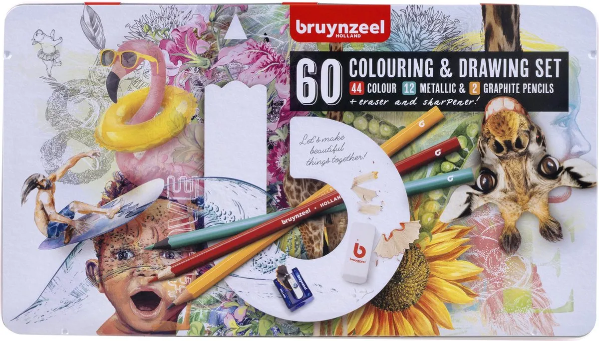 Bruynzeel Teken- en kleurset creatieve kunstenaars blik 60 stuks