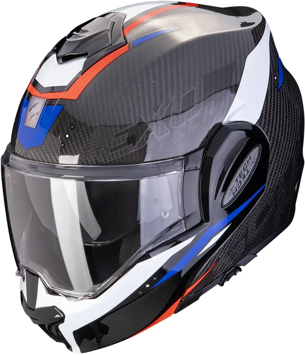 Scorpion Exo-Tech Evo Carbon Rover Zwart Rood Blauw Systeemhelm