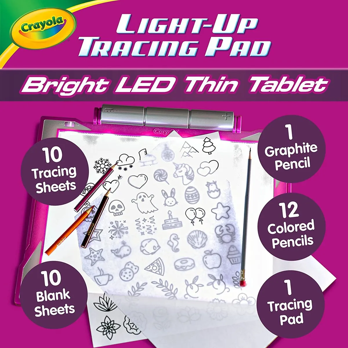 Crayola Lichtgevend Tekenbord - 12 Kleurpotloden - Veelkleurig