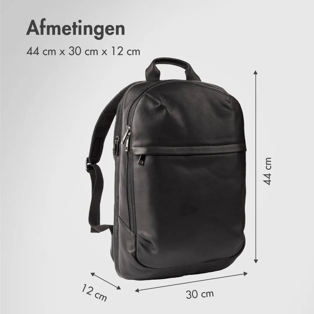 Accezz Leather Rugzak tot 16 inch - 15L - 4 Vakken - Zwart - afbeelding 5 van 6