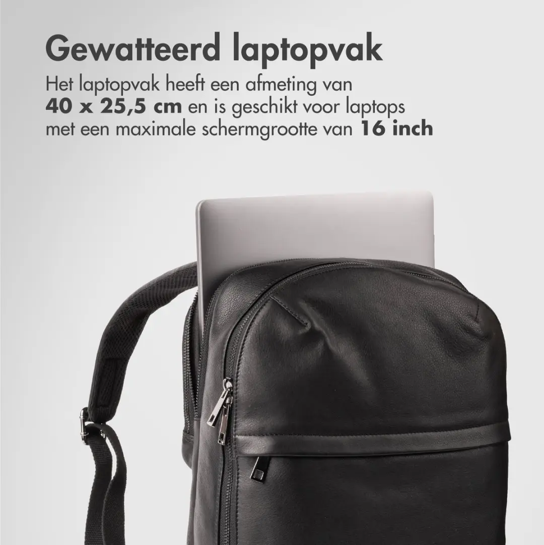 Accezz Leather Rugzak tot 16 inch - 15L - 4 Vakken - Zwart - afbeelding 4 van 6