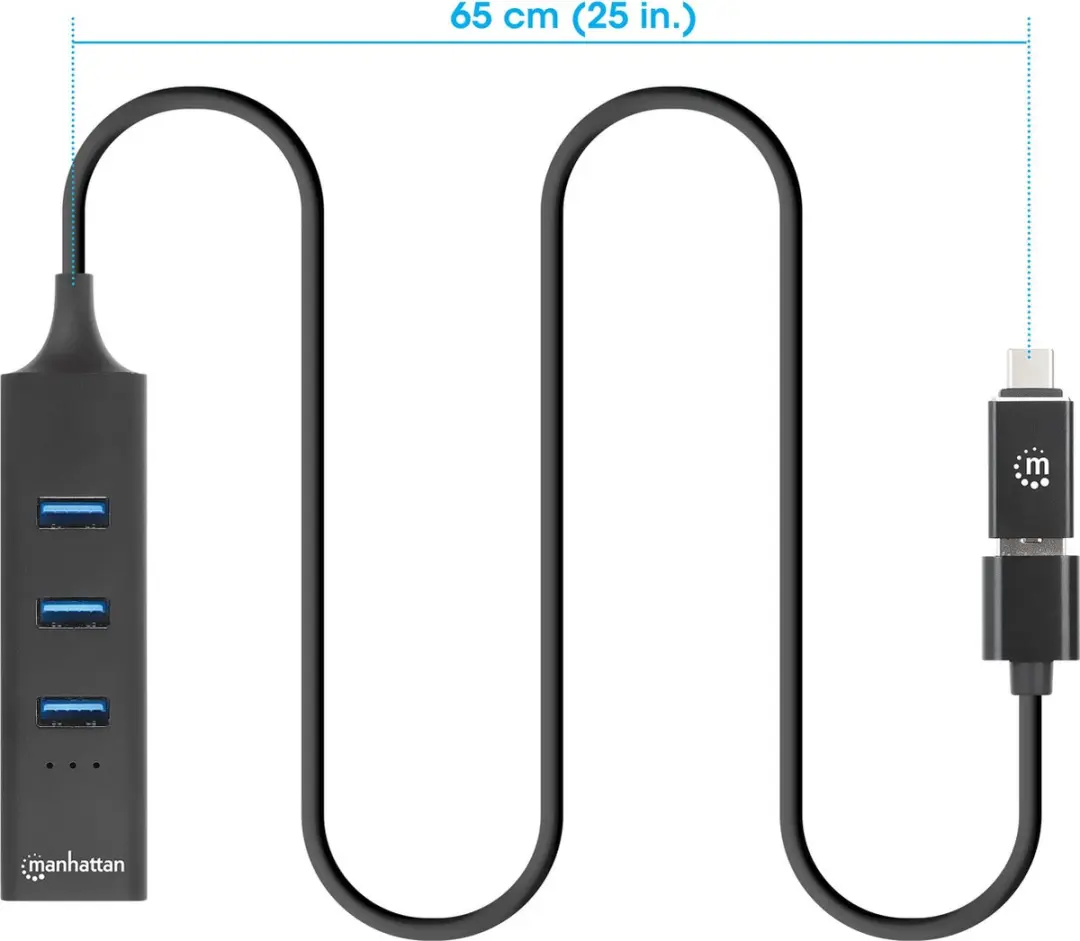 Manhattan MH 180894 USB 3.0 Hub - 3 Poorten - Type-C/A - Gigabit Ethernet - Zwart - afbeelding 2 van 5