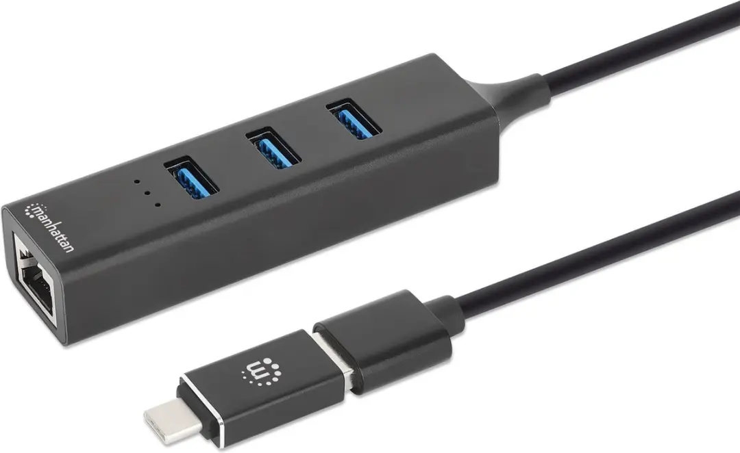 Manhattan MH 180894 USB 3.0 Hub - 3 Poorten - Type-C/A - Gigabit Ethernet - Zwart - afbeelding 4 van 5