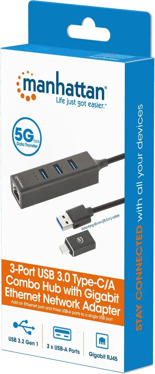 Manhattan MH 180894 USB 3.0 Hub - 3 Poorten - Type-C/A - Gigabit Ethernet - Zwart - afbeelding 5 van 5
