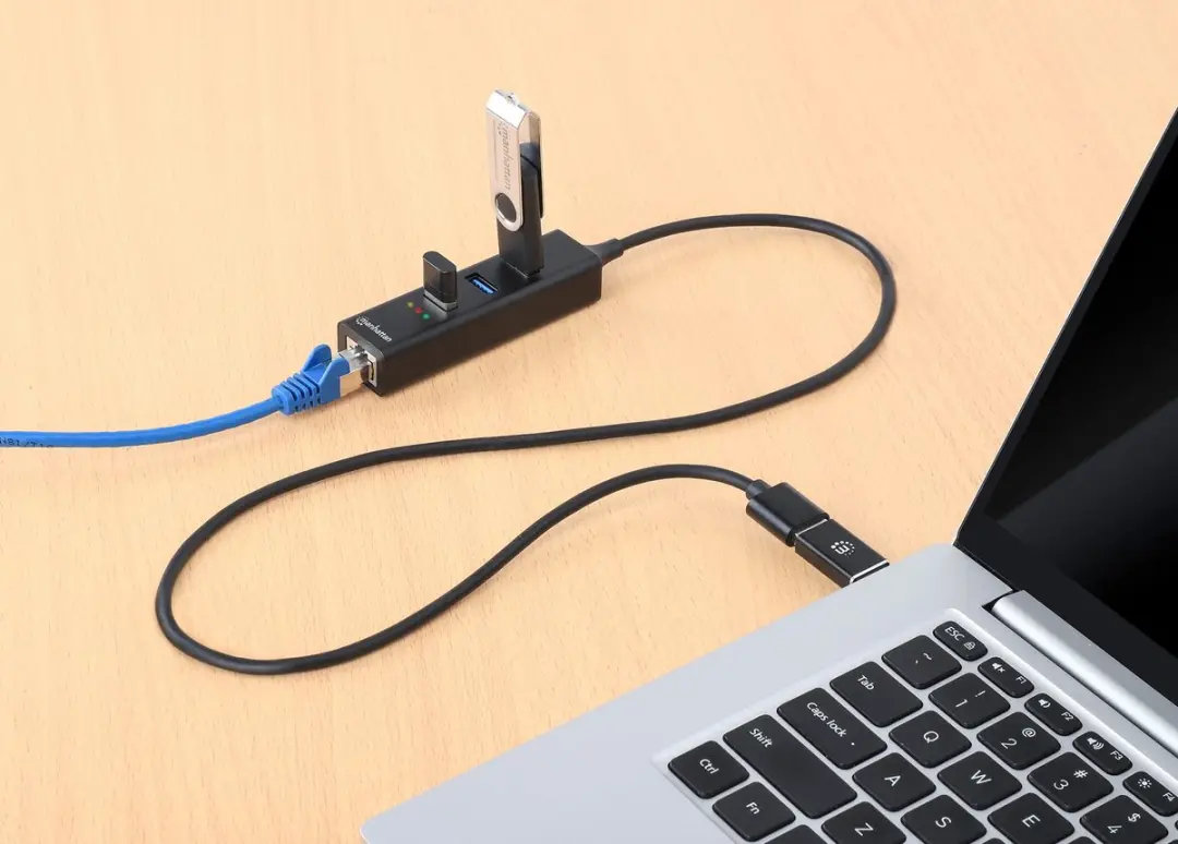 Manhattan MH 180894 USB 3.0 Hub - 3 Poorten - Type-C/A - Gigabit Ethernet - Zwart - afbeelding 3 van 5