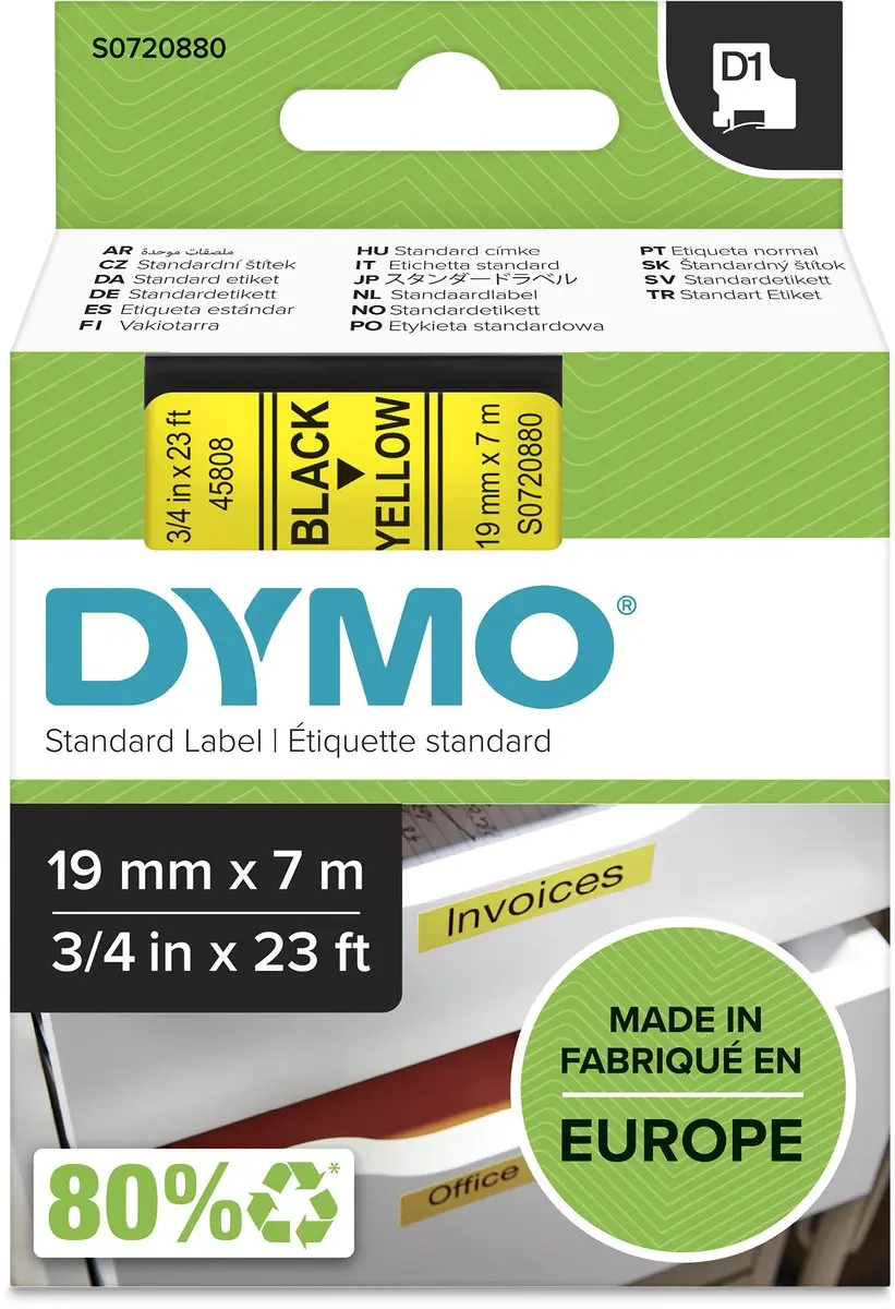 DYMO D1 S0720880 Zelfklevende Etiketten - 19mm x 7m - Zwart op Geel