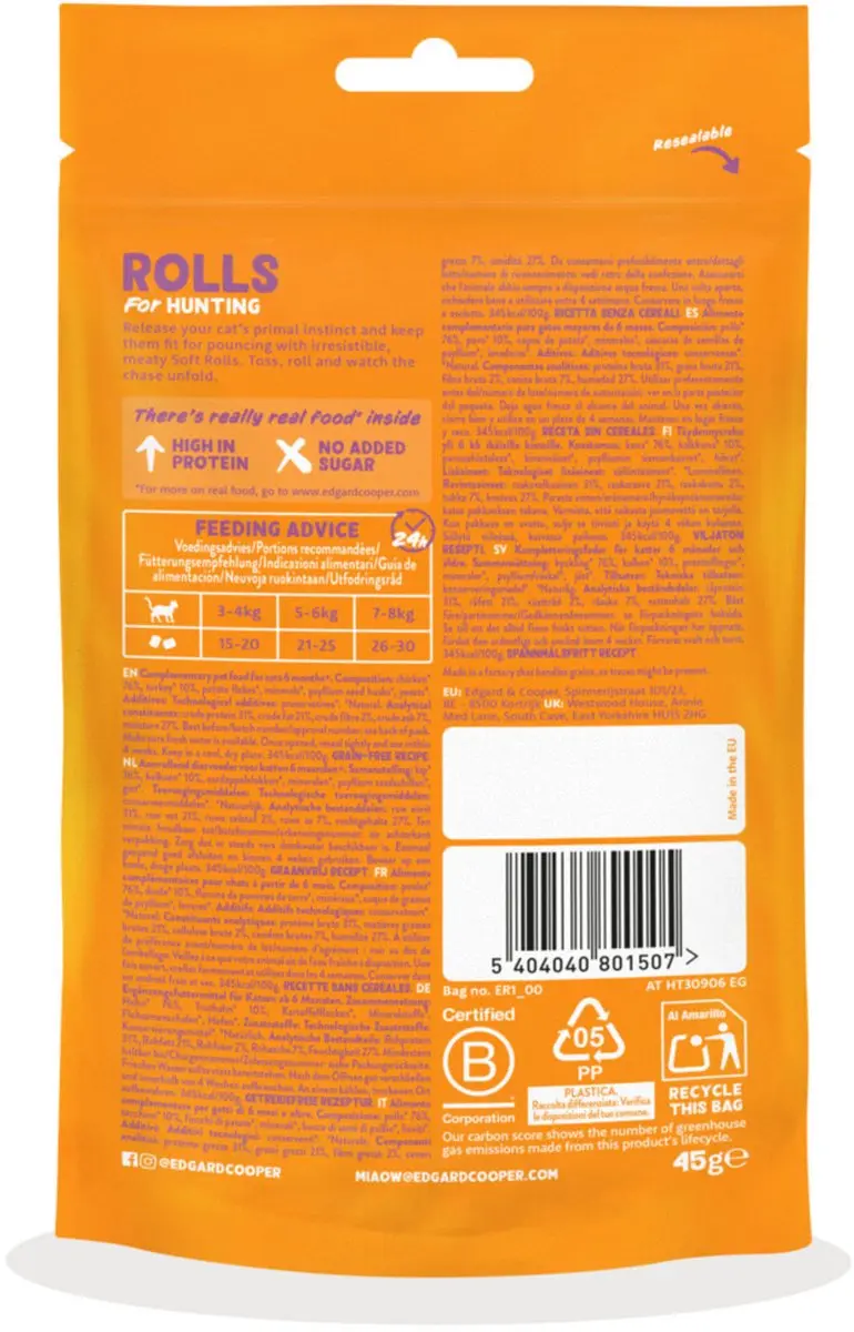 Edgard & Cooper Rolls Kip Kalkoen Kattensnack 45g