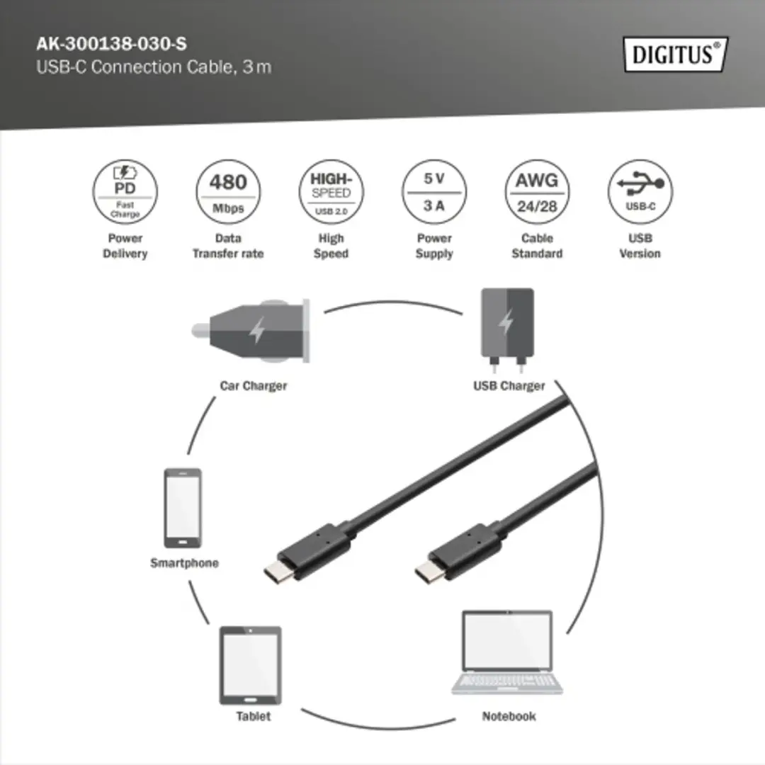 Digitus AK-300138-030-S USB-C Kabel 3m - Zwart
