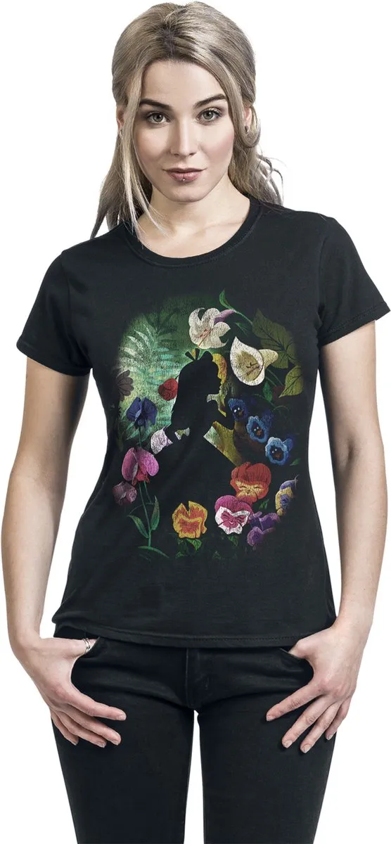 Disney Alice in Wonderland Black Flower Dames T-shirt - M