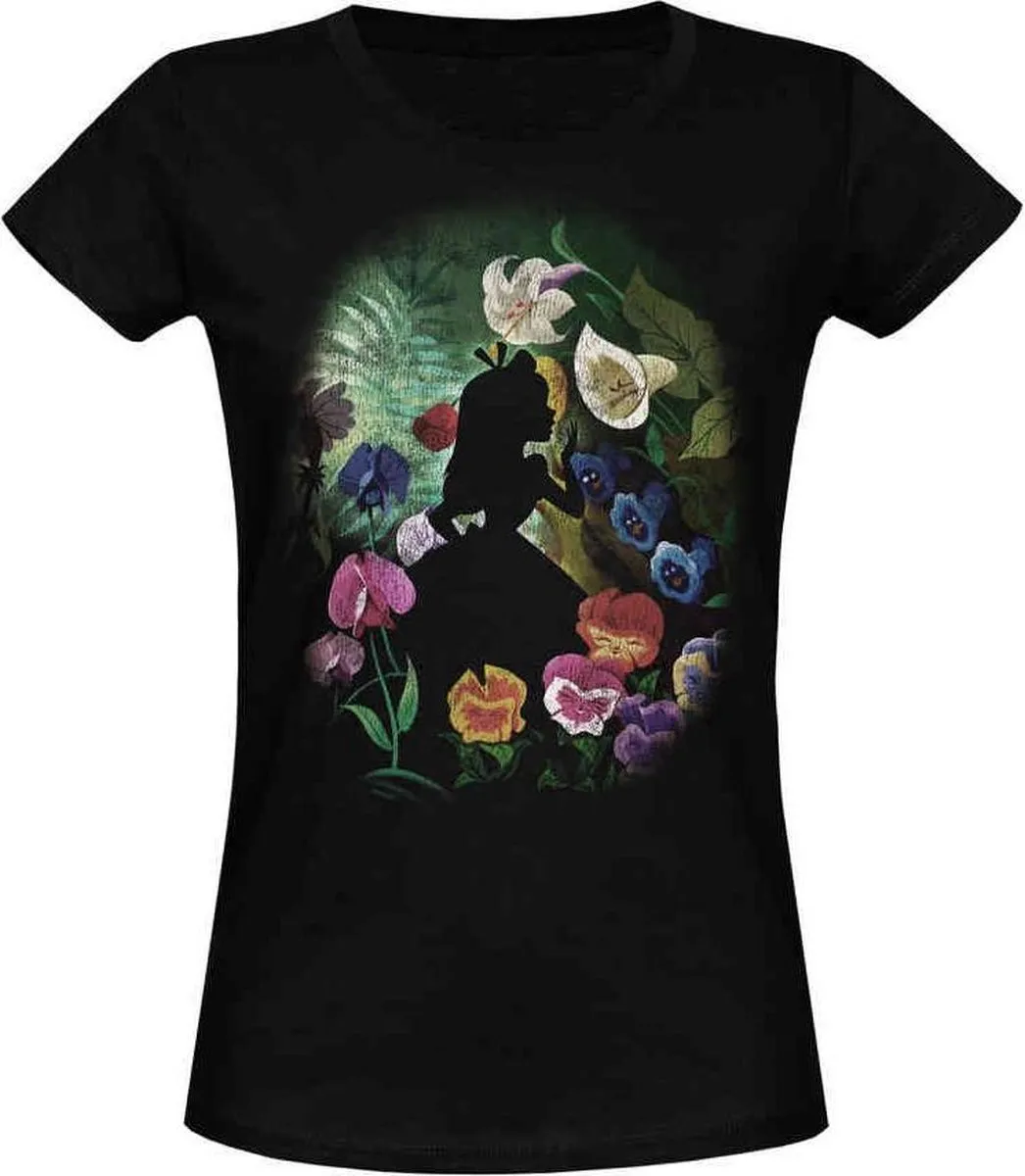 Disney Alice in Wonderland Black Flower Dames T-shirt