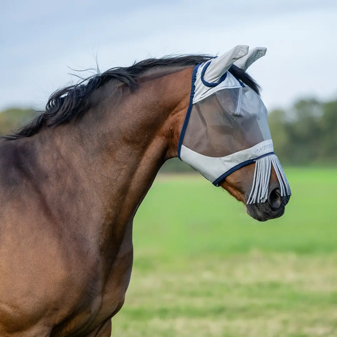 Horsegear Vliegenmasker met Oren en Franjes - Grijs