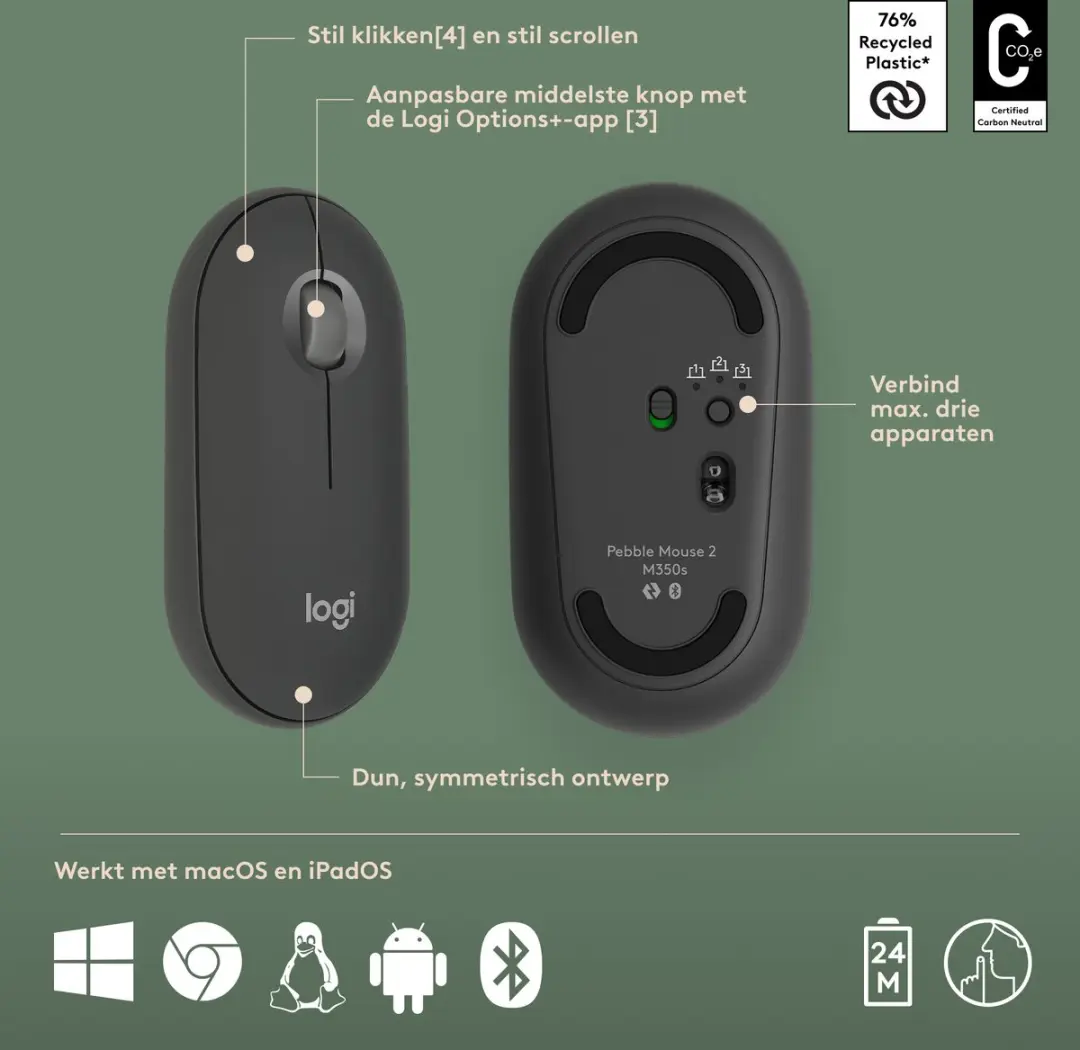 Logitech Pebble 2 Combo - Draadloos Toetsenbord & Muis - Azerty FR - Grijs - afbeelding 6 van 6