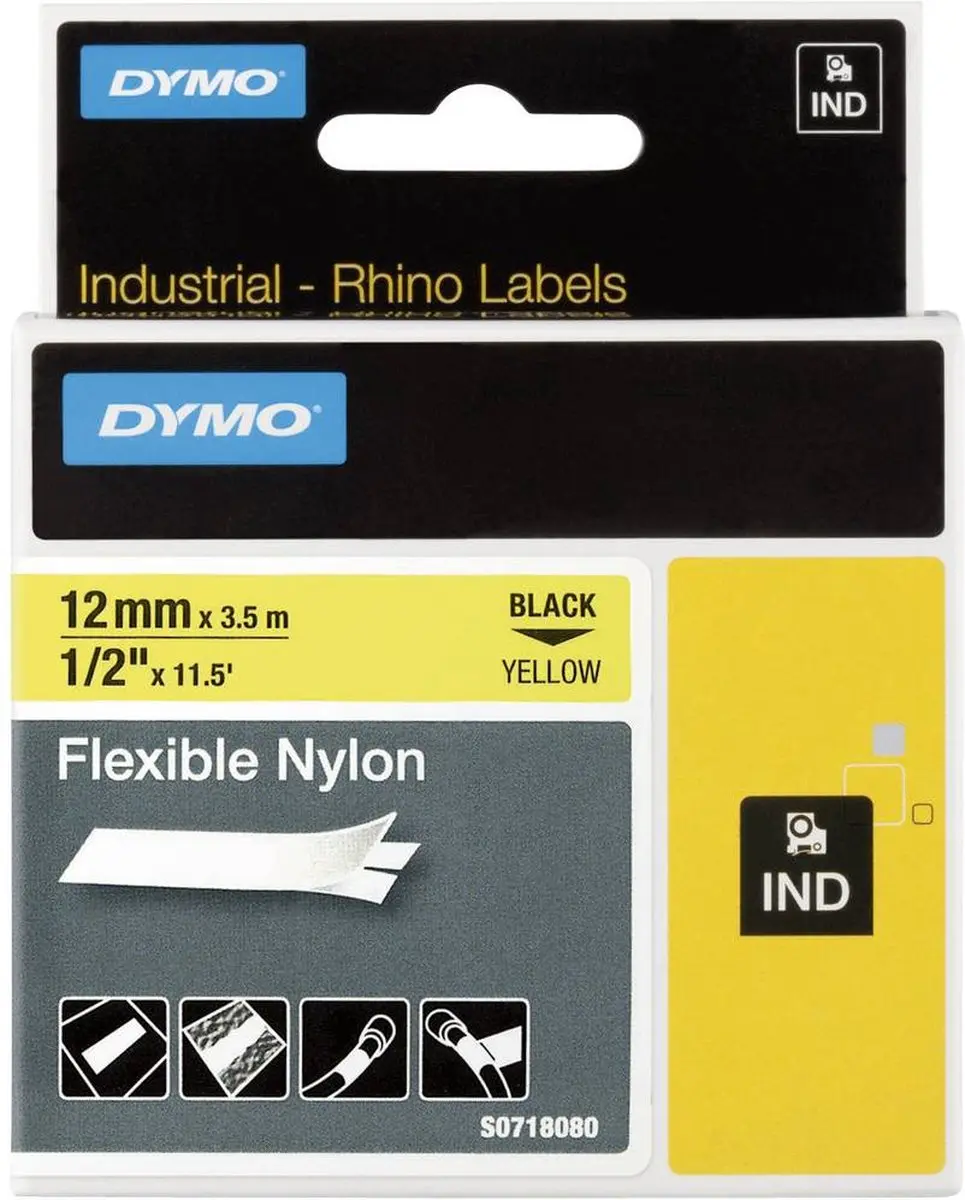 DYMO Rhino S0718080 Zelfklevende Labels 12mm x 3,5m - Zwart op Geel