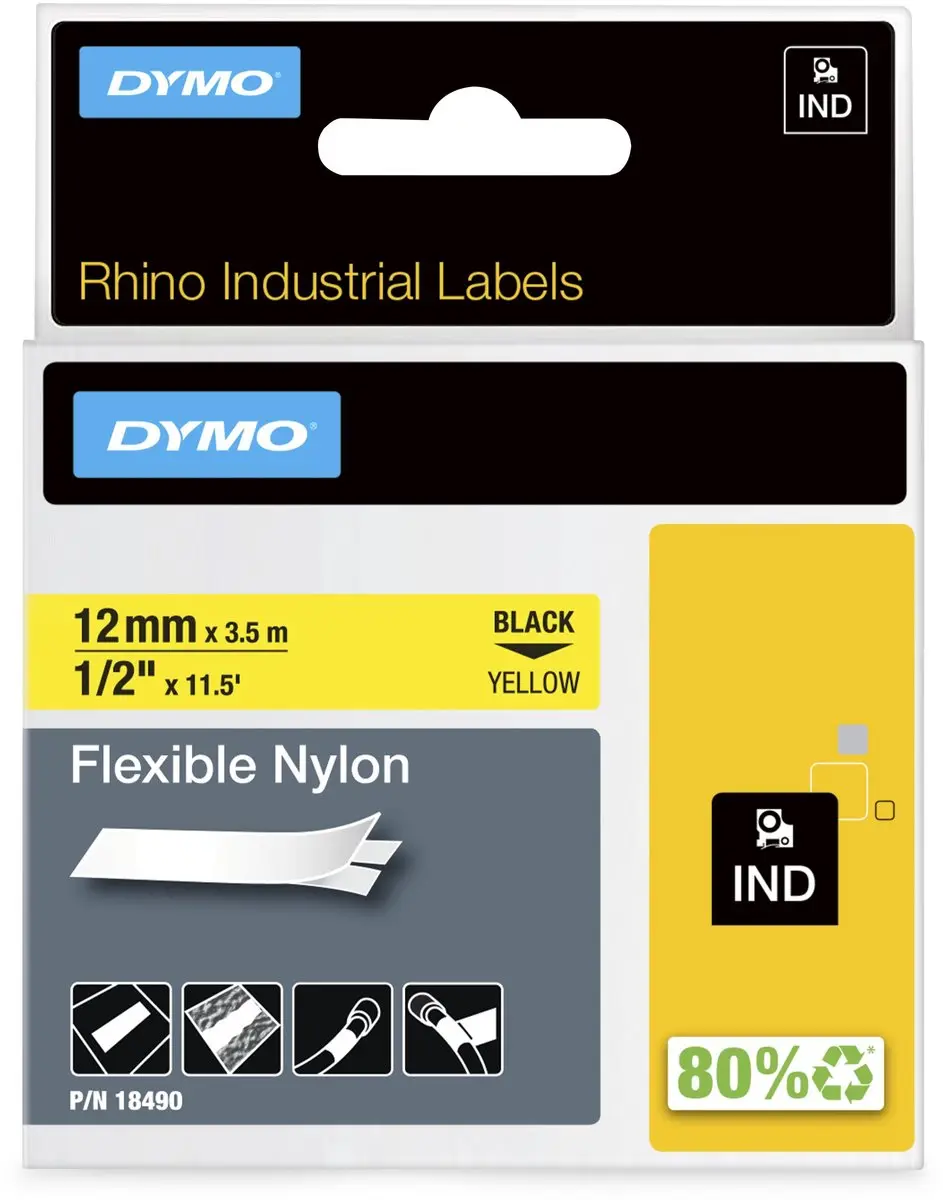 DYMO Rhino S0718080 Zelfklevende Labels 12mm x 3,5m - Zwart op Geel