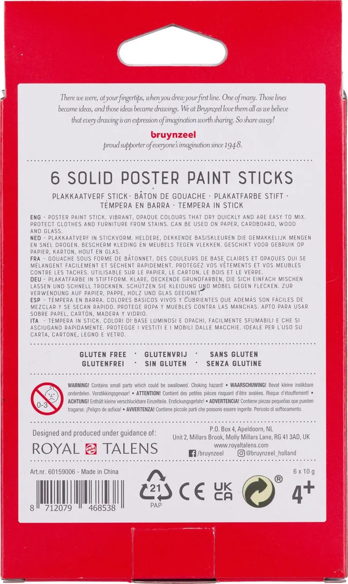 BRUYNZEEL Plakkaatverf Sticks Basic - 6 Kleuren