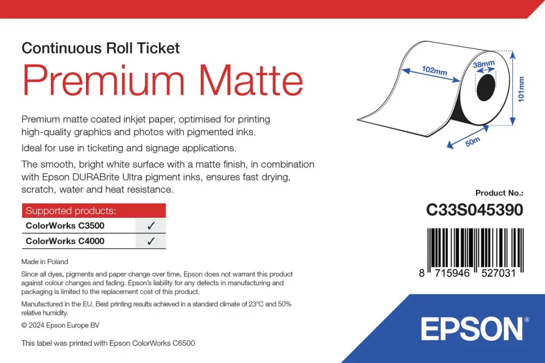 Epson Premium Matte Ticket Rol 102mm x 50m - Wit - afbeelding 2 van 3