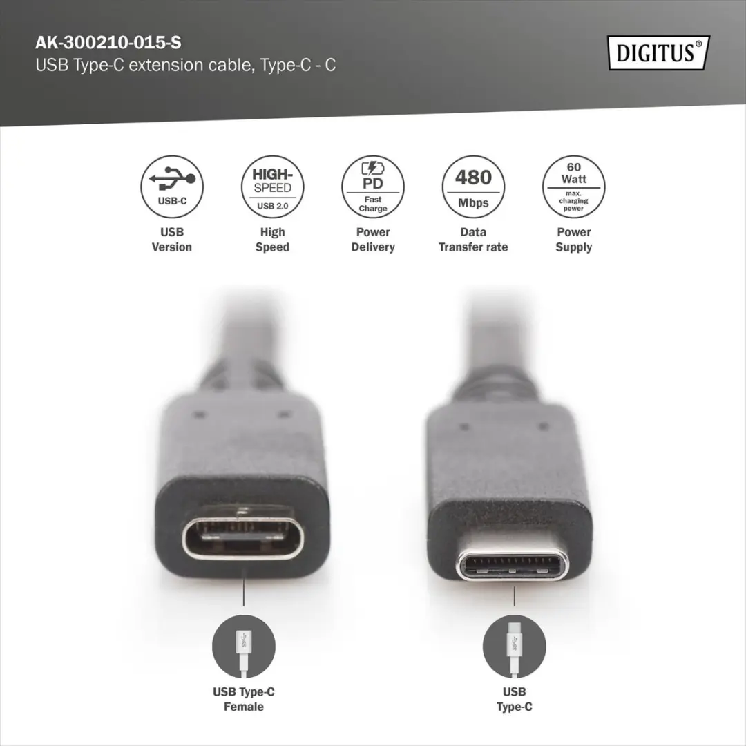 Digitus USB 2.0 USB-C Kabel 1.5m - Zwart