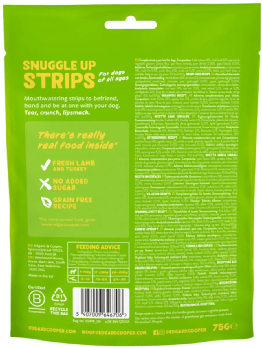Edgard & Cooper Natural Dog Treats Lam & Kalkoen Snuggle Up Strips - 4x75g