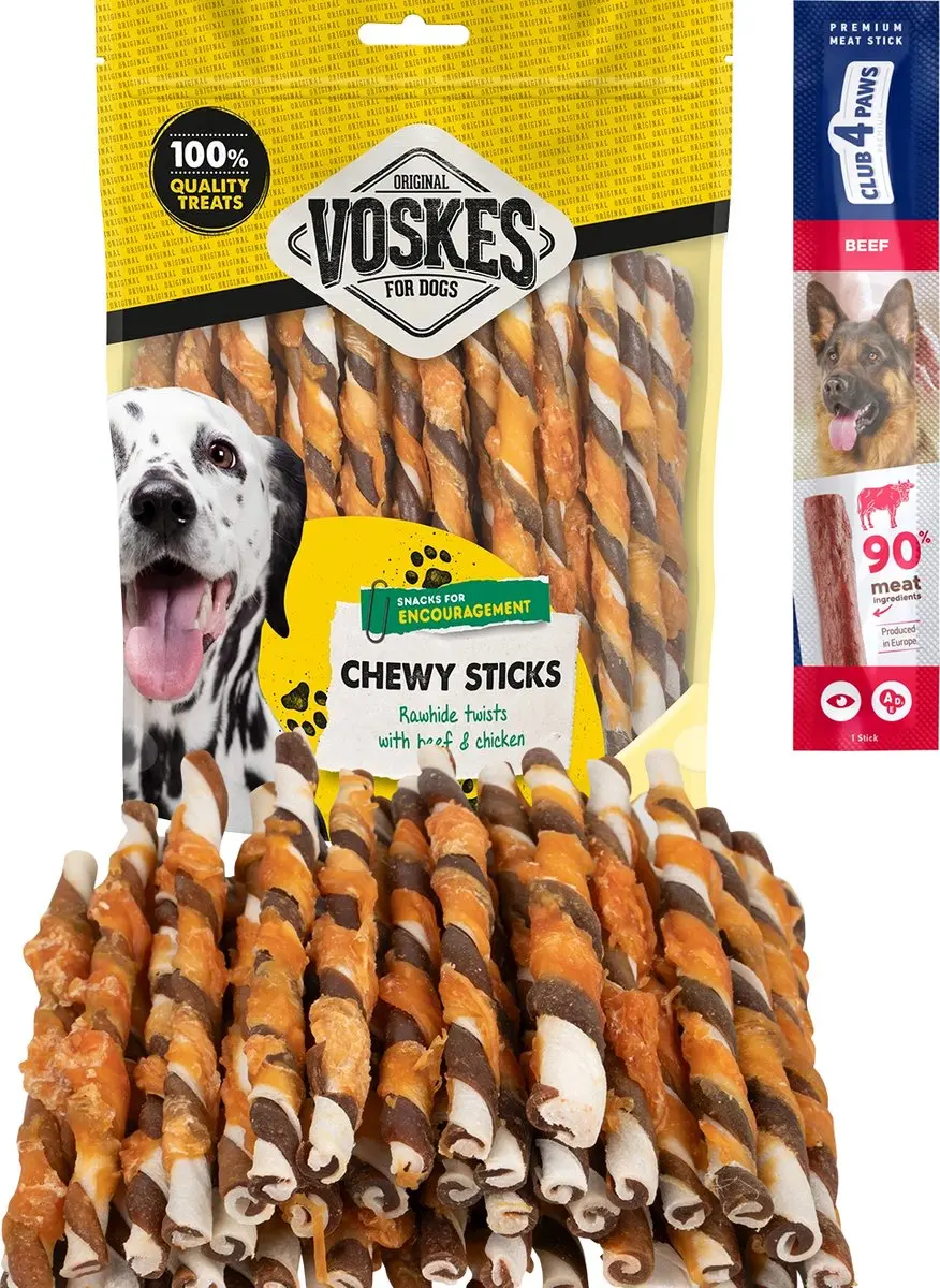 Voskes runderhuid sticks rund en kip 2 x 400 gram met gratis Club 4 Paws hondens
