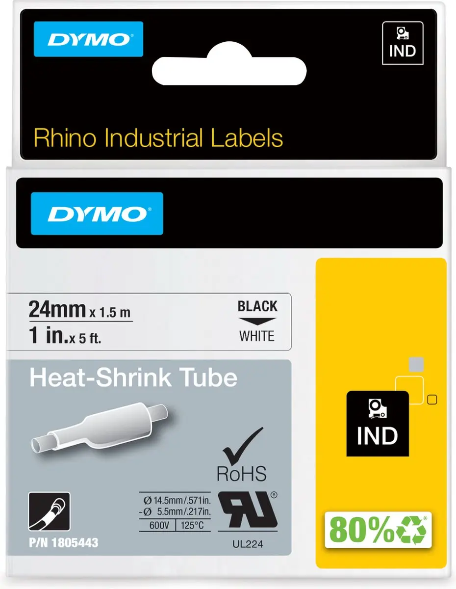 DYMO Rhino 1805443 Heat-Shrink Labels 24mm x 1,5m - Zwart op Wit