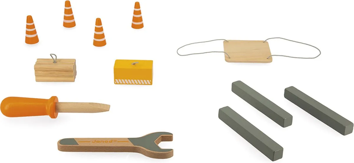 Janod Bolid J06468 Grote Houten Kraan - 74cm - 10 Accessoires