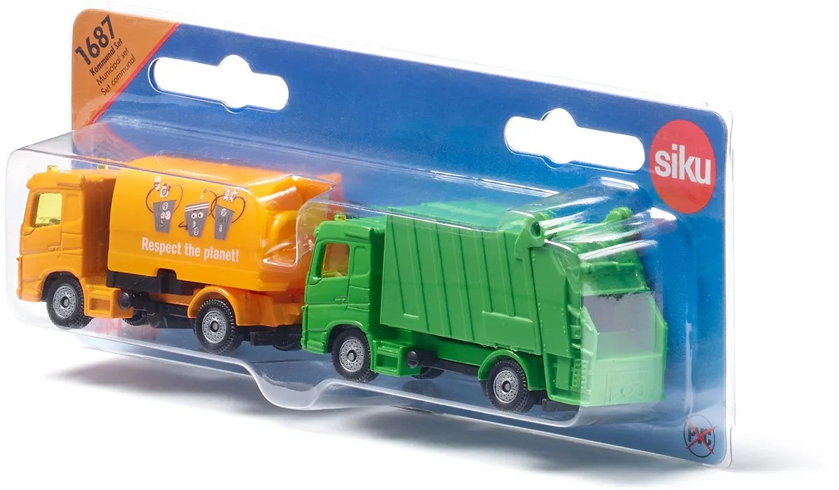 Siku 1687, set veegmachine en afvalwagen, metaal/kunststof,kantelbare opbouw en opvangbak, groen/oranje