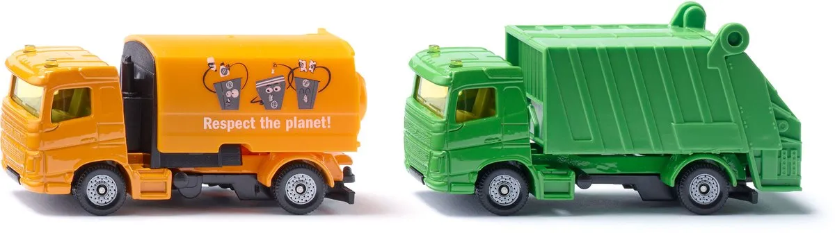 Siku 1687, set veegmachine en afvalwagen, metaal/kunststof,kantelbare opbouw en opvangbak, groen/oranje