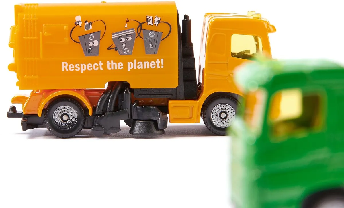 Siku 1687, set veegmachine en afvalwagen, metaal/kunststof,kantelbare opbouw en opvangbak, groen/oranje