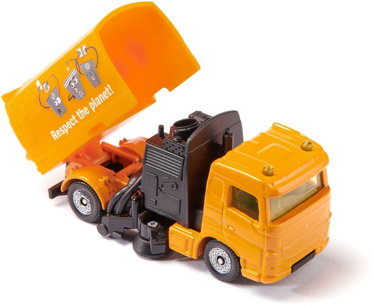 Siku 1687, set veegmachine en afvalwagen, metaal/kunststof,kantelbare opbouw en opvangbak, groen/oranje