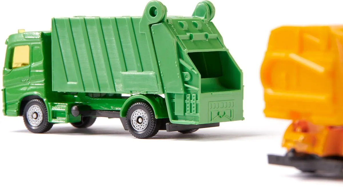 Siku 1687, set veegmachine en afvalwagen, metaal/kunststof,kantelbare opbouw en opvangbak, groen/oranje