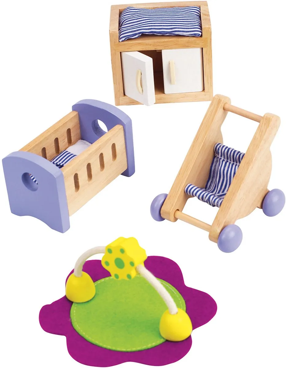 Hape Babykamer Poppenhuis - 7 Meubels 1 Pop - Veelkleurig