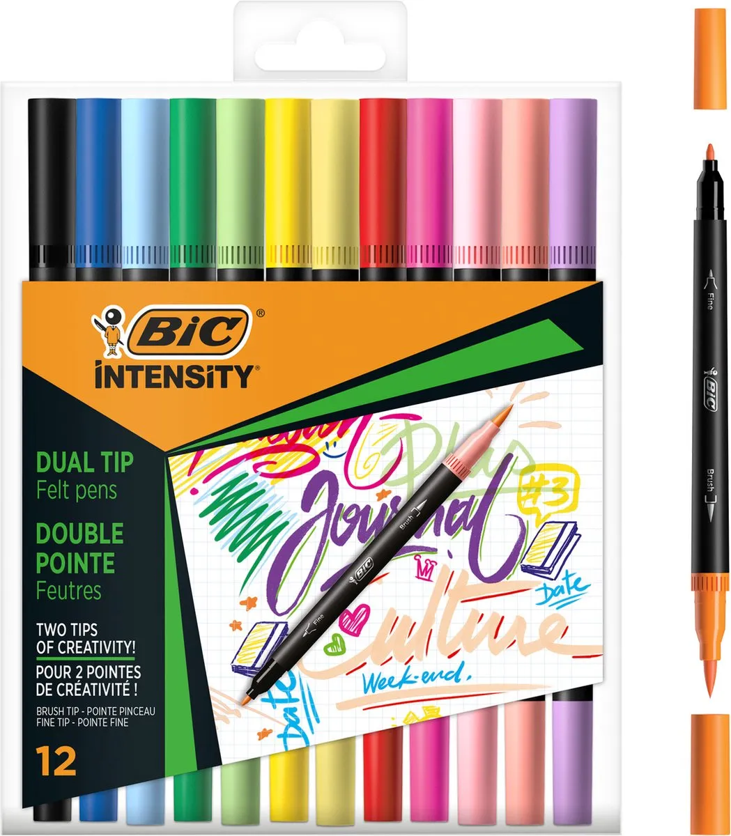 BIC Intensity Dual Tip - Viltstiften - Stiften voor Volwassenen - Pastel Kleurstiften met Flexibele Penseelpunt - 12 Stuks